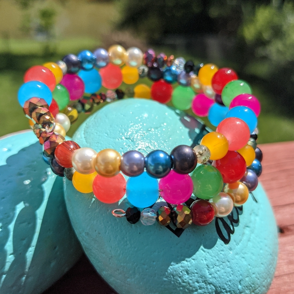 Jasper Beads Bracelet Colorful Rainbow Handmade Memory Wire Jewelry Bright Color - Picture 8 of 11